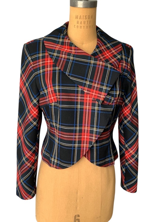Bianca Nygard Jackets & Blazers - Asymmetric Plaid Cropped Blazer in Red and Black